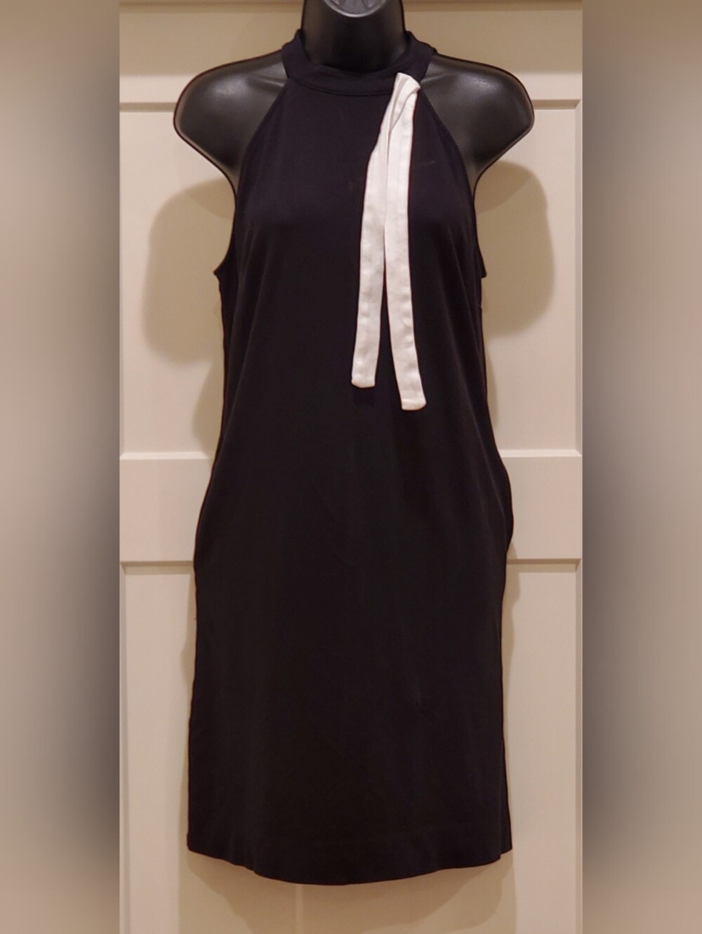 New York & Company Black Midi Dress with White Neck Tie Accent